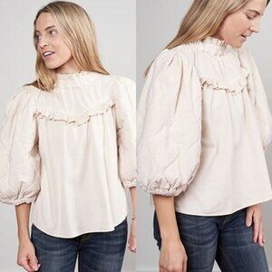 NEW Sea New York Layla Quilted Puff Sleeve Cotton Ruffle Cream Top Size: XXS